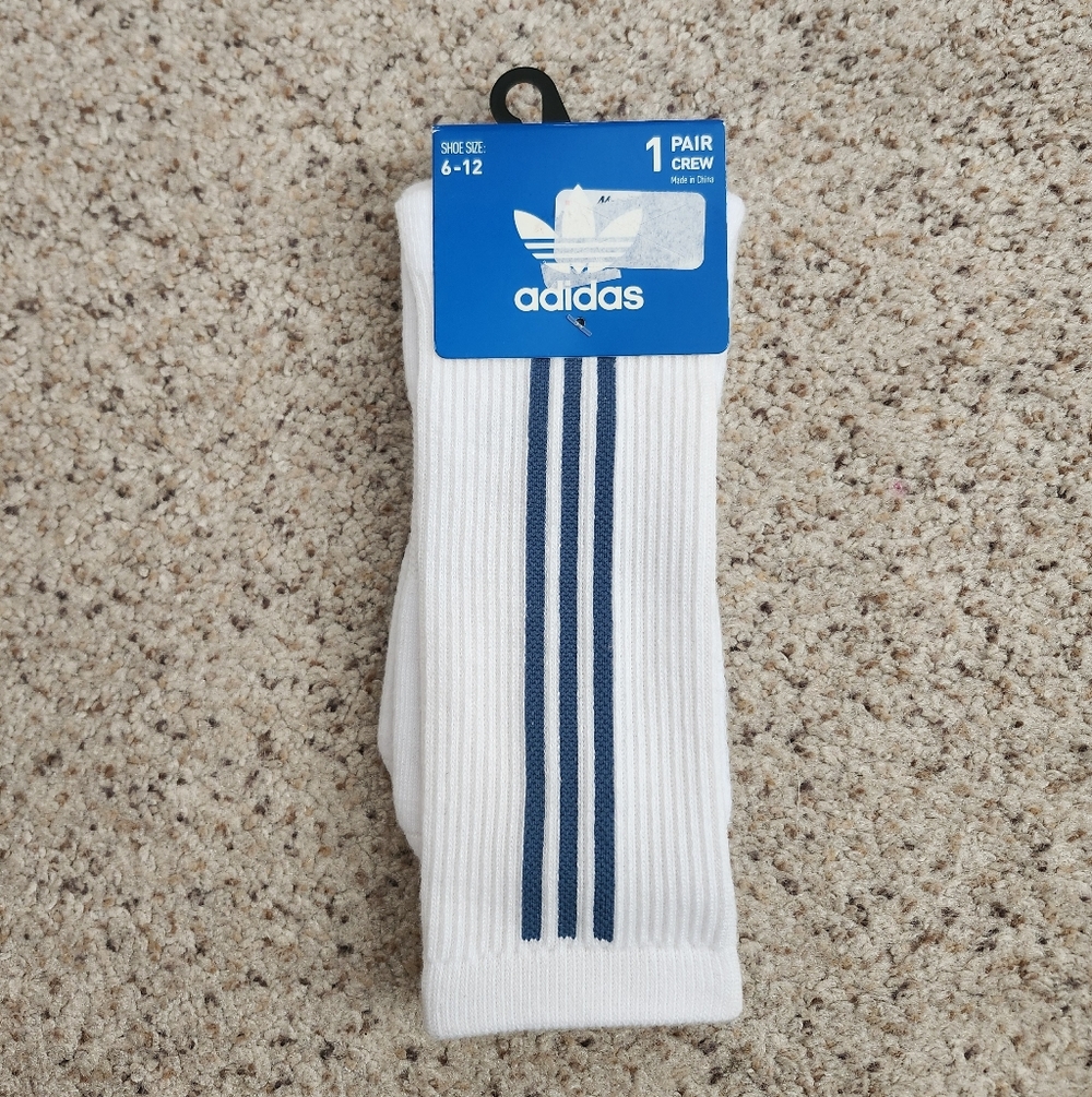 adidas White Crew Socks with Blue Stripes